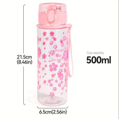500ml Pink Flower Pattern Water Bottle Plastic Water Cup Portable Leakproof