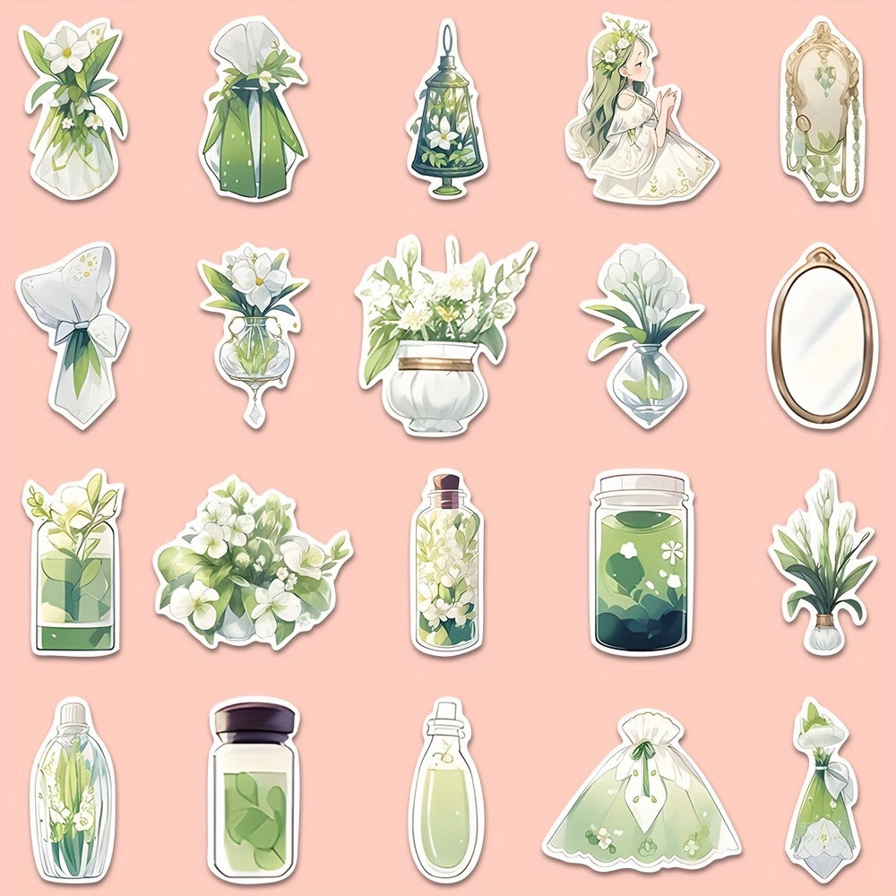 60pcs Green Flower And Elf PVC Cartoon Stickers For Kids Laptop Decoration