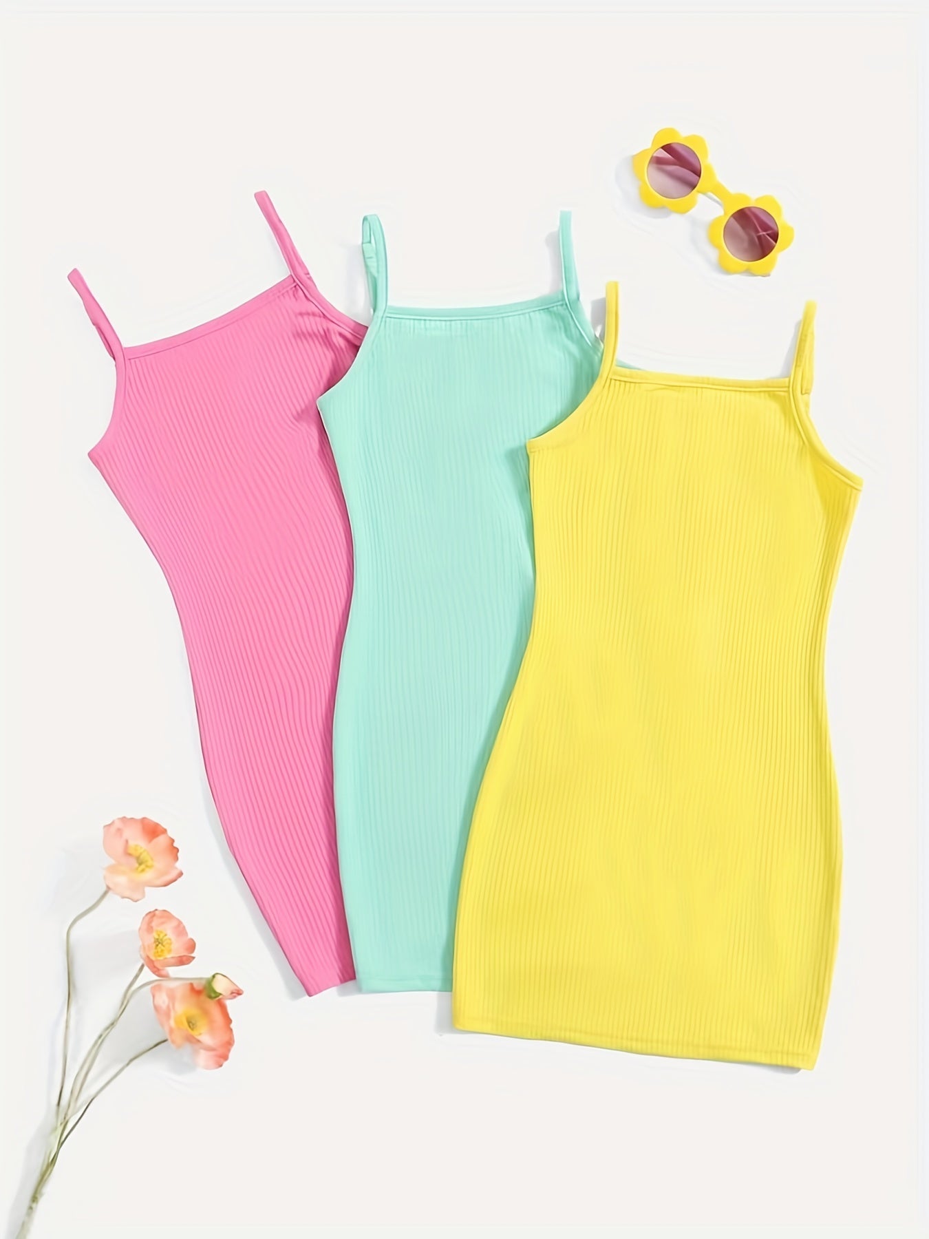 3pcs Toddler Girls Ribbed Cami Dress Party Summer Clothes