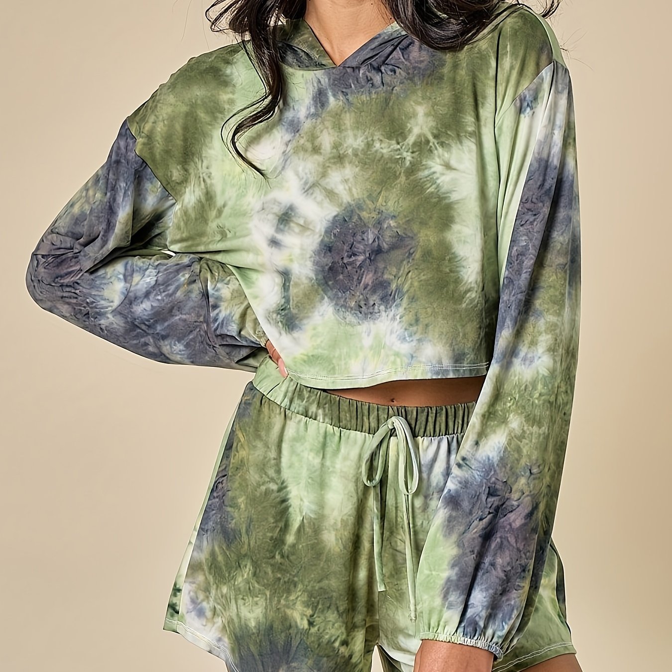 Women's Plus Tie Dye Hooded Crop Sweatshirt & Shorts Set