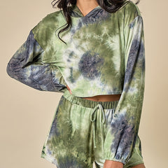 Women's Plus Tie Dye Hooded Crop Sweatshirt & Shorts Set