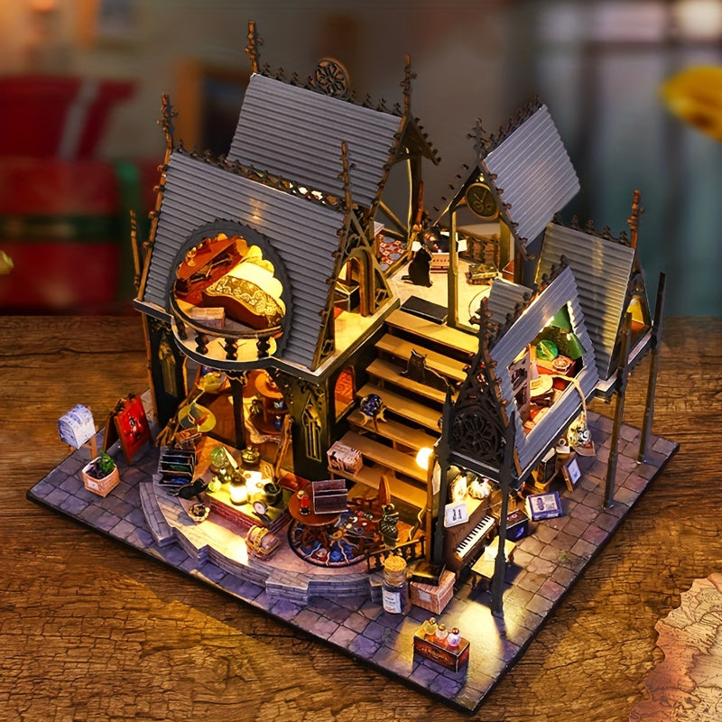 MAOMIYU Wooden Cabin Model Kit 3D Puzzle Dark Gray Brown Interior Room