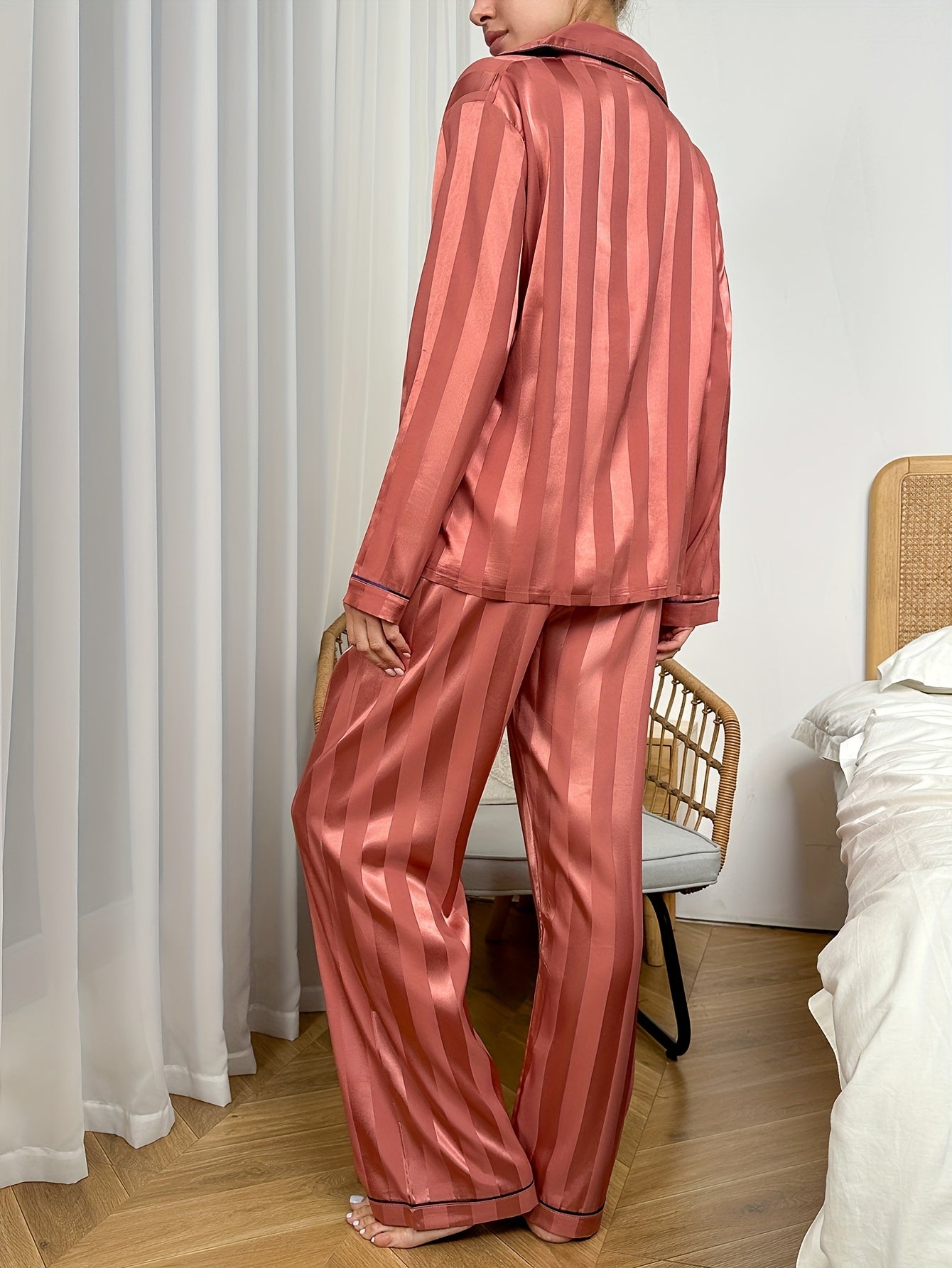 Striped Satin Lounge Set Long Sleeve Buttons Top & Elastic Waistband Pants
