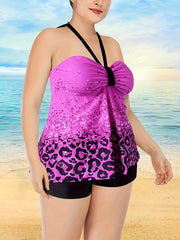 Leopard & Sequin Print Halter Top & Shorts Swimsuit Set