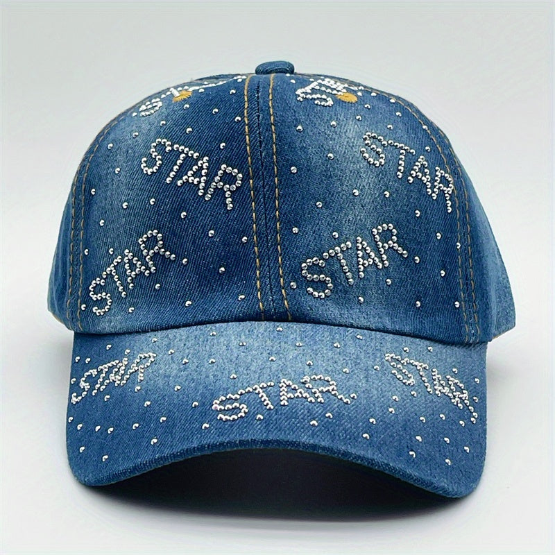 Rhinestone Decor Denim Baseball Cap Distressed Dad Hat Hip Hop Couple Sun Hats