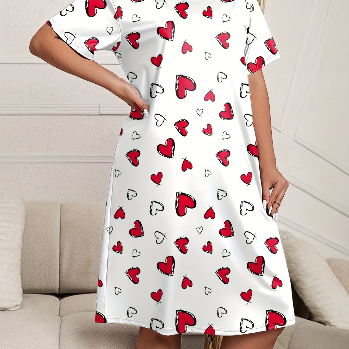 Casual Nightdress Women's Plus Heart Print Short Sleeve Medium Stretch
