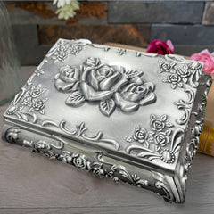 Vintage Embossed Rose Jewelry Box Antique Rectangle Rose Flower Engraving Box