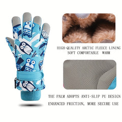 Kids Cartoon Waterproof Winter Gloves for Riding & Skiing, Ages 7-14