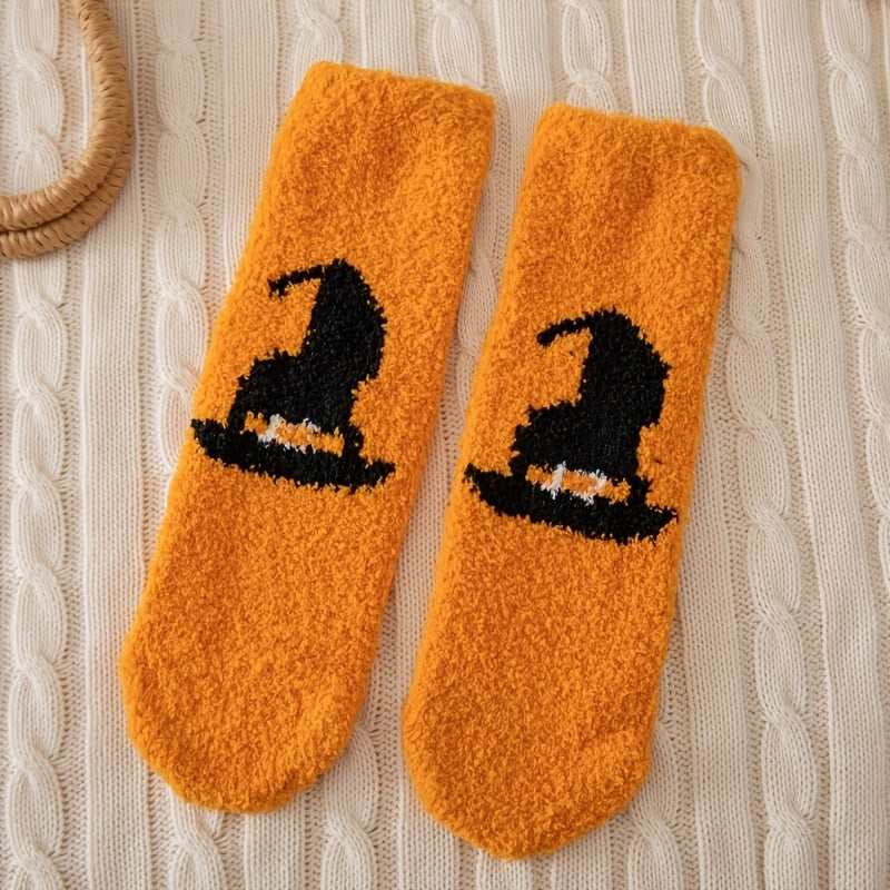 4 Pairs Pumpkin & Bat Print Socks & Funny Halloween Fuzzy Socks Women's