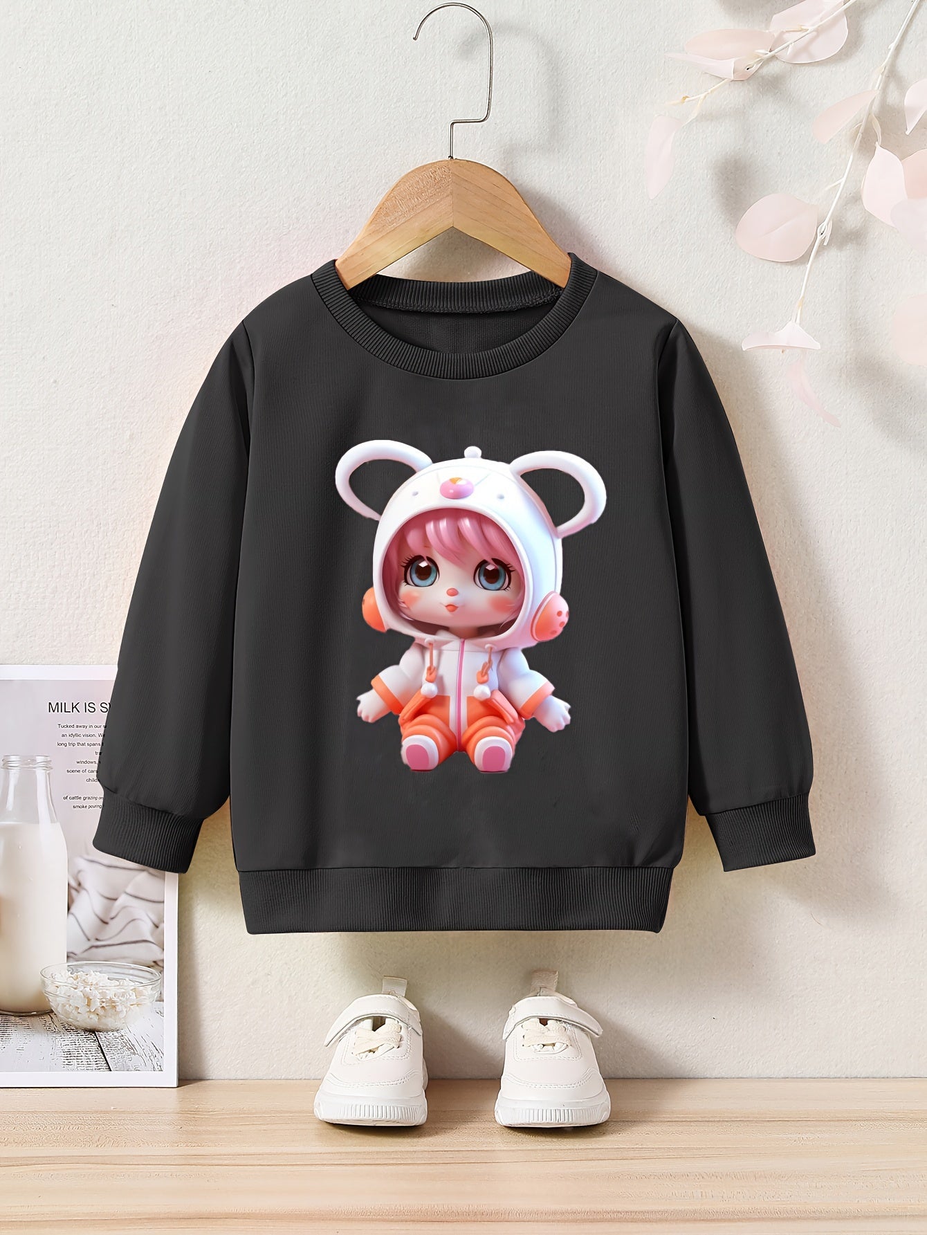 Girl Print Sweatshirt Crew Neck Pullover For Kids