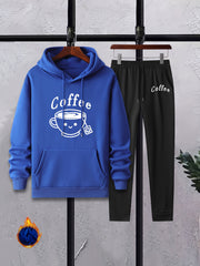 Men's Coffee Cup Print 2Pcs Outfits Crew Neck Long Sleeve T Shirt Hoodie & Sweat
