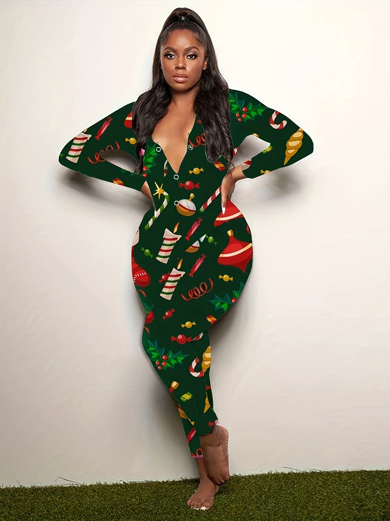 Christmas Print Lounge Jumpsuit Long Sleeve V Neck Buttons Jumpsuit