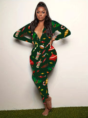 Christmas Print Lounge Jumpsuit Long Sleeve V Neck Buttons Jumpsuit