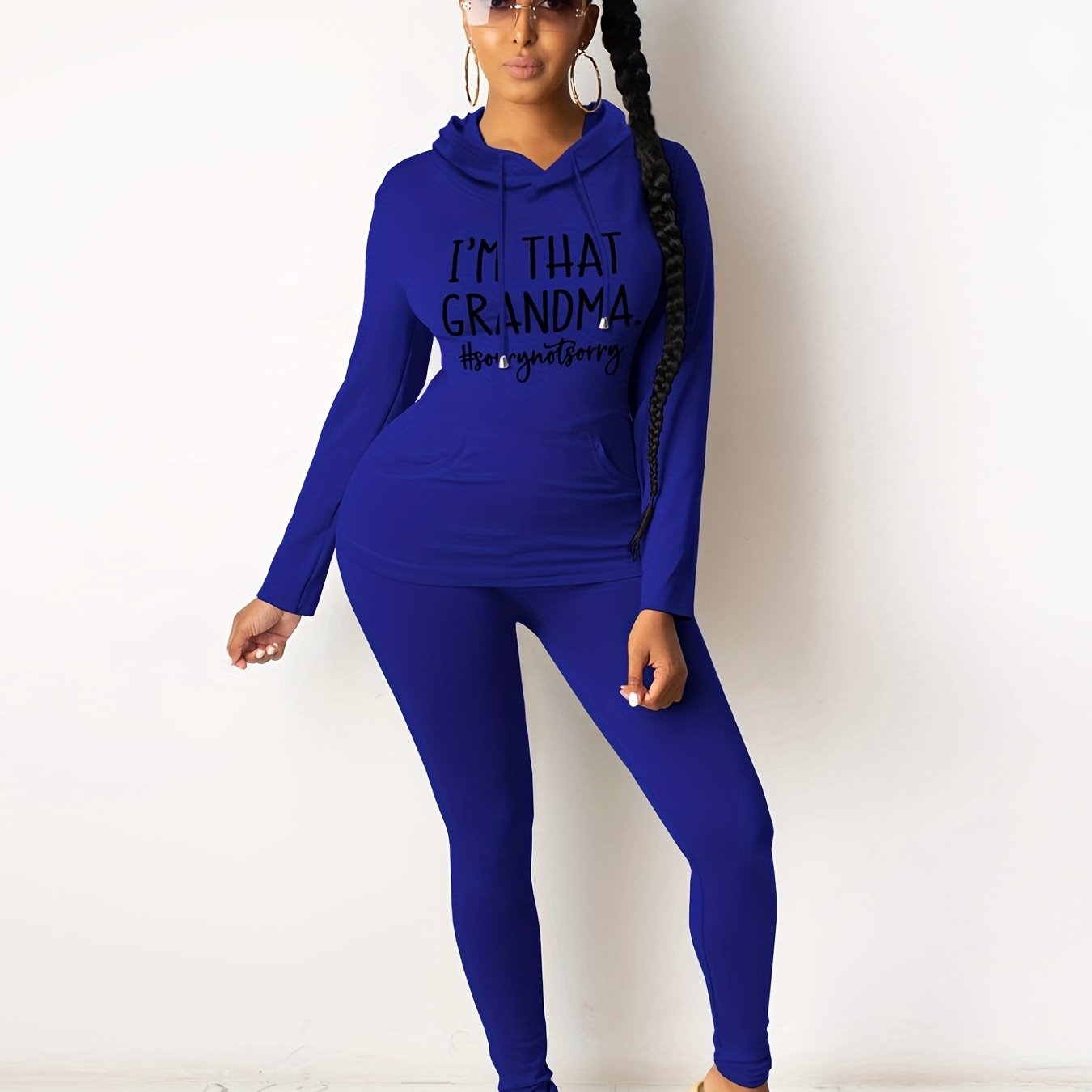 Grandma Letter Print Drawstring Tops & Long Slim Pants Set