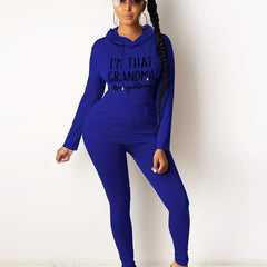 Grandma Letter Print Drawstring Tops & Long Slim Pants Set