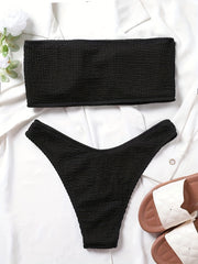 Ruched Bandeau 2 Piece Set Bikini High Stretch Solid Swimsuit