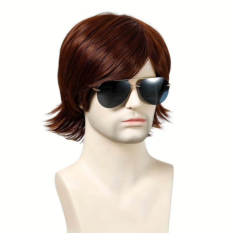 Men's Short Wavy Synthetic Wig Dark Brown