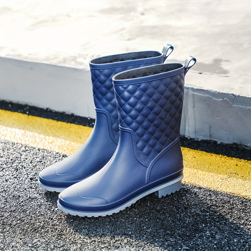 Women's Argyle Rain Boots Waterproof Mid-Calf Comfortable Rubber Boots
