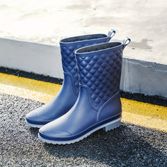 Women's Argyle Rain Boots Waterproof Mid-Calf Comfortable Rubber Boots