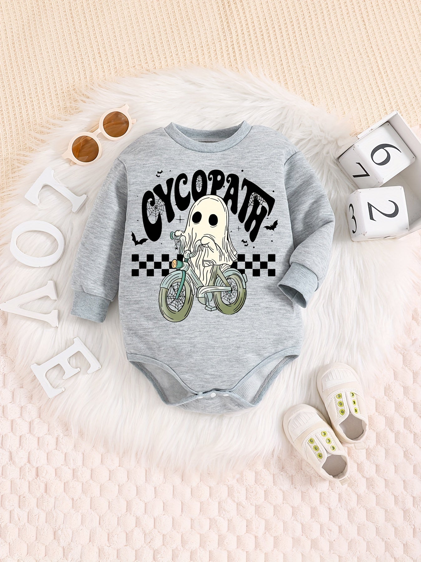 Cartoon Ghost Riding Bike Halloween Onesie Newborn Long Sleeve