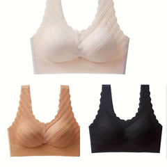 3pcs Scallop Trim Wireless Bras Push Up Comfy Breathable Women's Lingerie