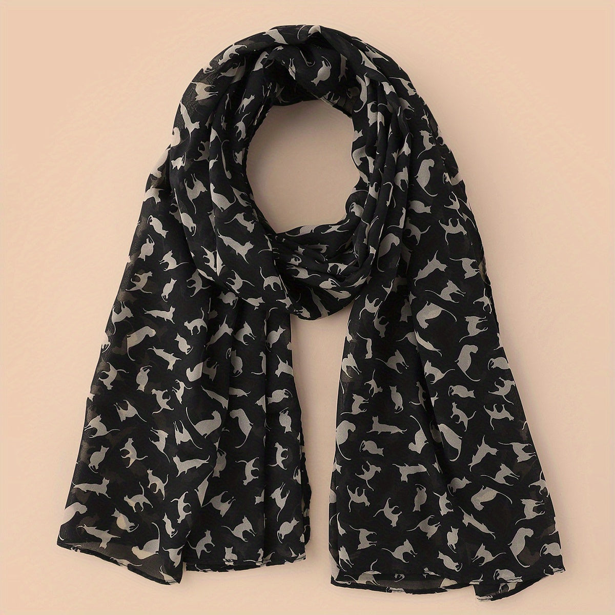 Vintage Cartoon Cat Print Chiffon Scarf Solid Shawl Headwrap
