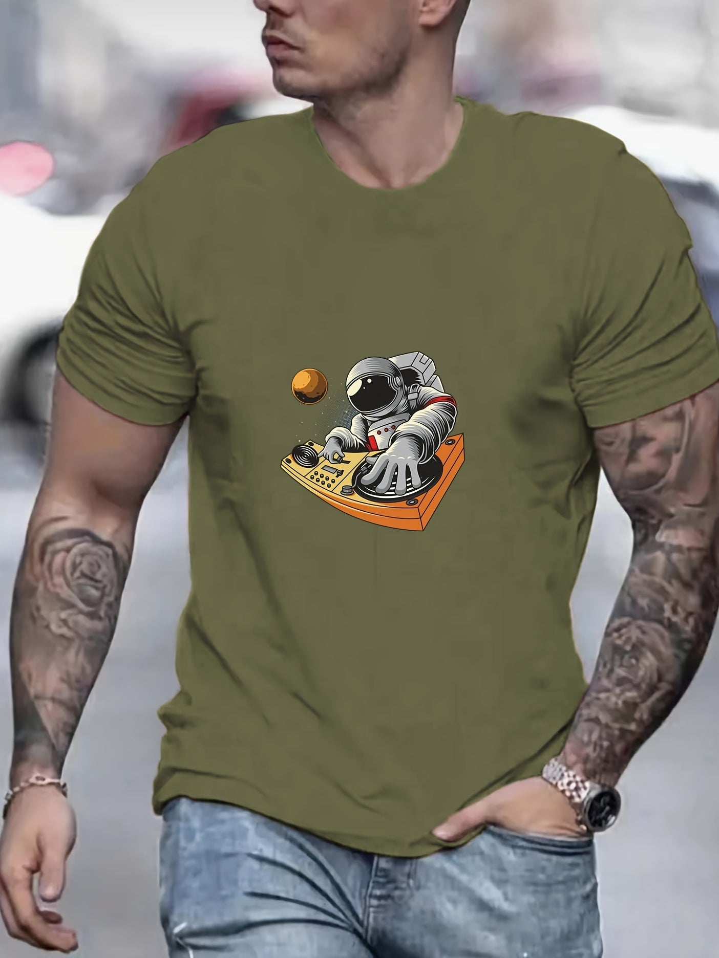 Anime DJ Astronaut Men's Graphic Crew Neck T-shirt