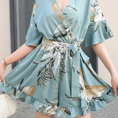 Floral Print Ruffle Trim Rompers Women's Clothing