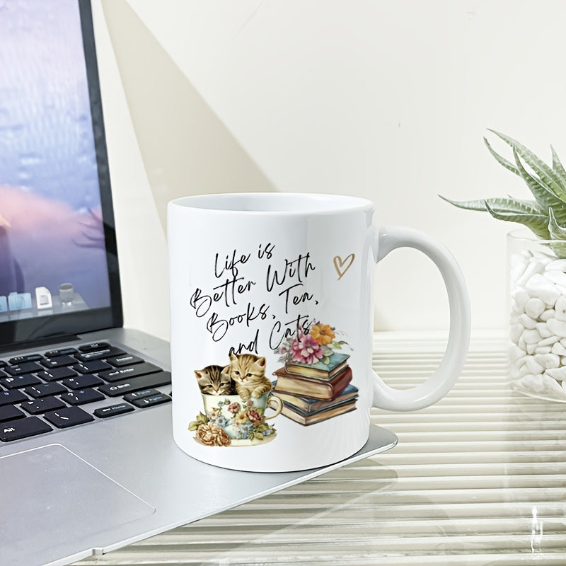 11oz Cat Pattern Ceramic Cup Wide Mouth Coffee Cup Outdoor Camping Picnic Travel