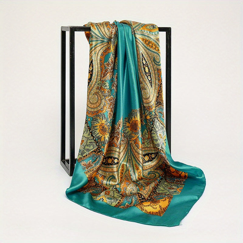 Boho Flower Print Scarf Satin Square Shawl Headscarf Wrap Casual Sunscreen