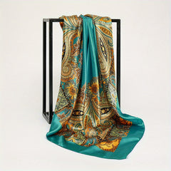 Boho Flower Print Scarf Satin Square Shawl Headscarf Wrap Casual Sunscreen