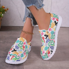 Women's Graffiti Canvas Slip On Walking Shoes Lightweight Loafers
