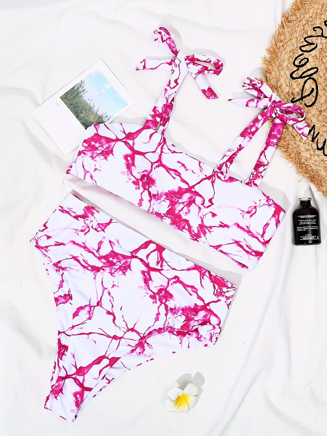 Rose Red Tie Dye High Waist Bikini Swimsuit for Beach Women