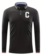 Men's Golf Shirt Long Sleeve Letter C Print Chukker Shirt