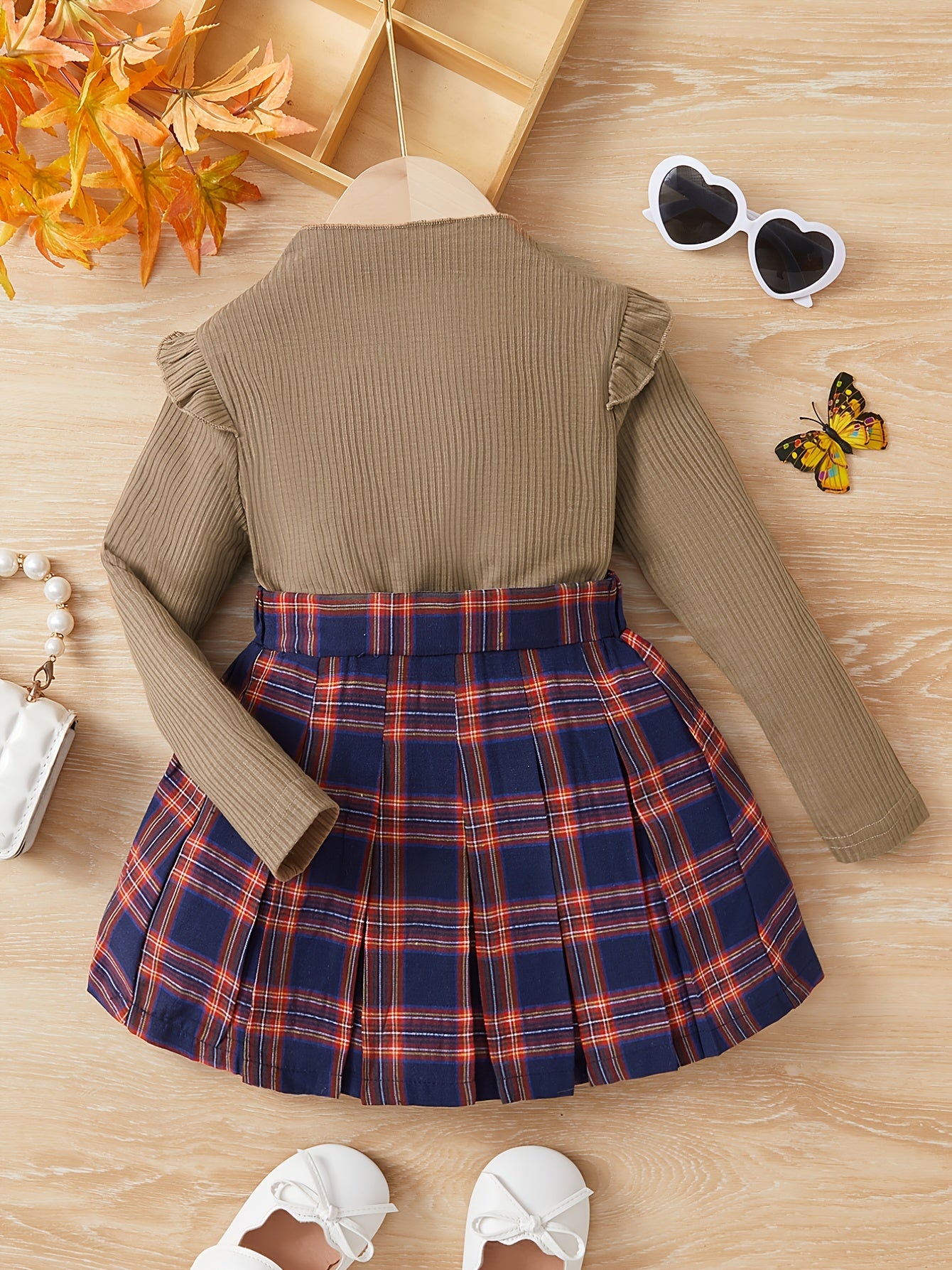 Girl's Mock Neck Top & Plaid Skirt Set Preppy Style Outfit