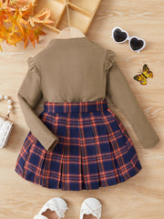 Girl's Mock Neck Top & Plaid Skirt Set Preppy Style Outfit