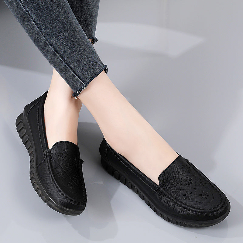 Women's Low Wedge Loafers Solid Embroidered Casual Slip On Shoes
