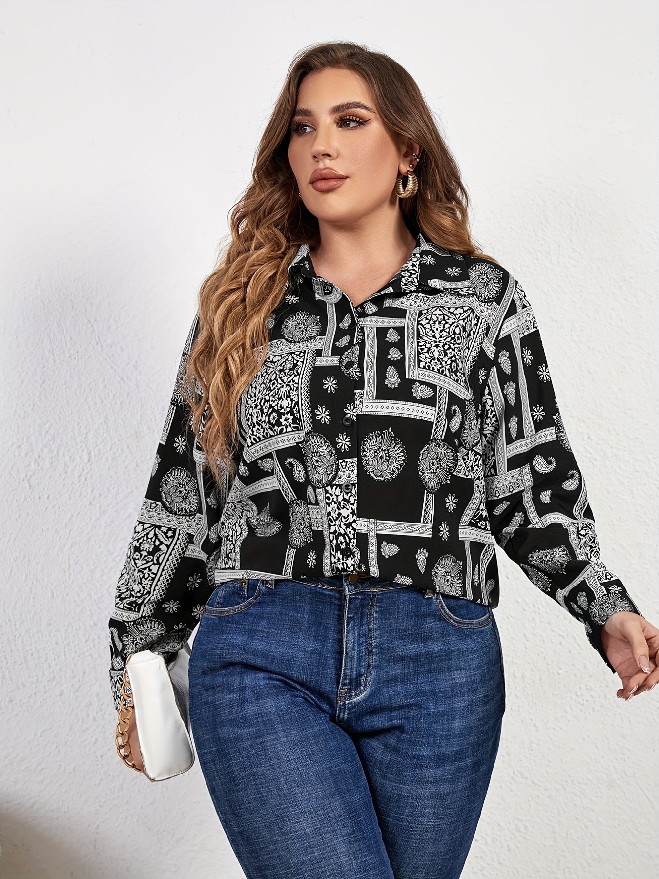 Boho Blouse Women's Plus Paisley & Scarf Print Long Sleeve
