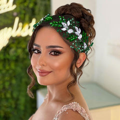 Bridal Wedding Headband with Green Rhinestones and Gemstone Accents