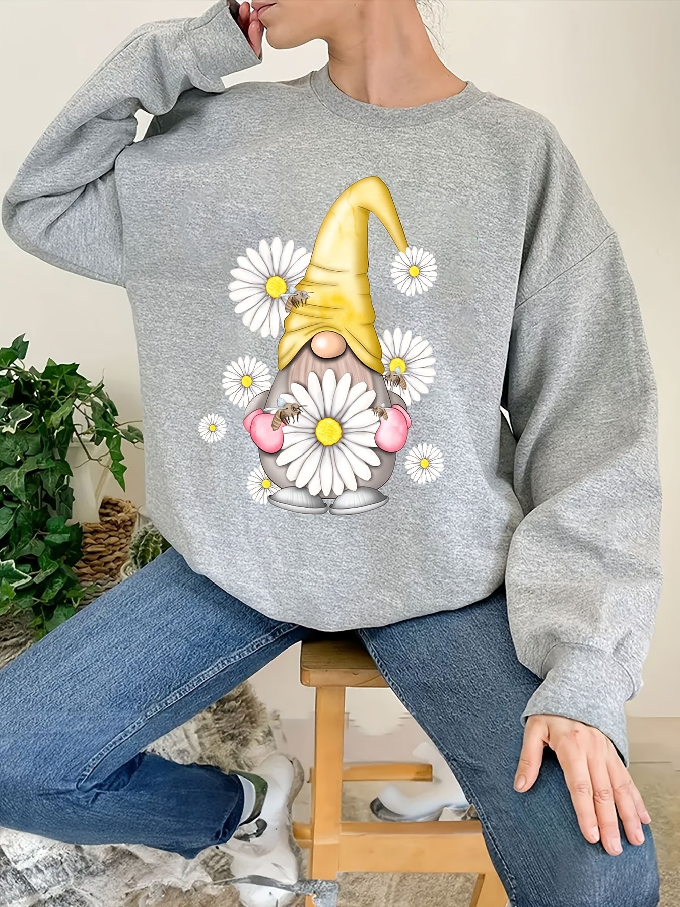 Christmas Daisy Print Crew Neck Sweatshirt