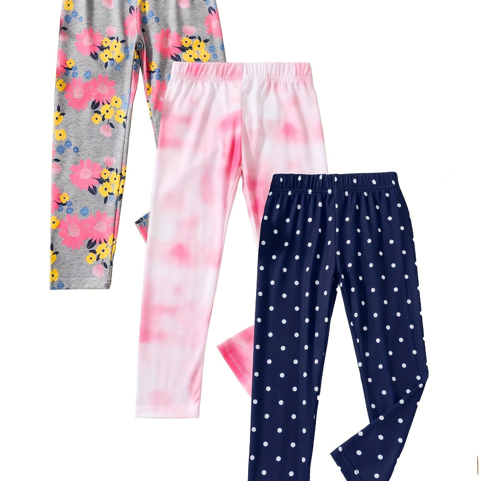 3-Pack Girls Stretchy Legging Pants Polka Dots Tie Dyed Floral Print