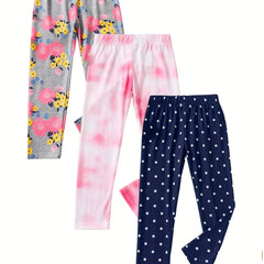 3-Pack Girls Stretchy Legging Pants Polka Dots Tie Dyed Floral Print