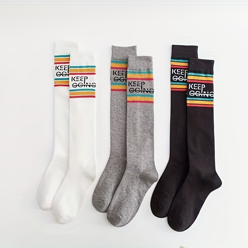 3 Pairs Letter Print Striped Socks Knee High College Style Stockings