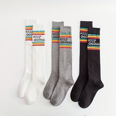 3 Pairs Letter Print Striped Socks Knee High College Style Stockings