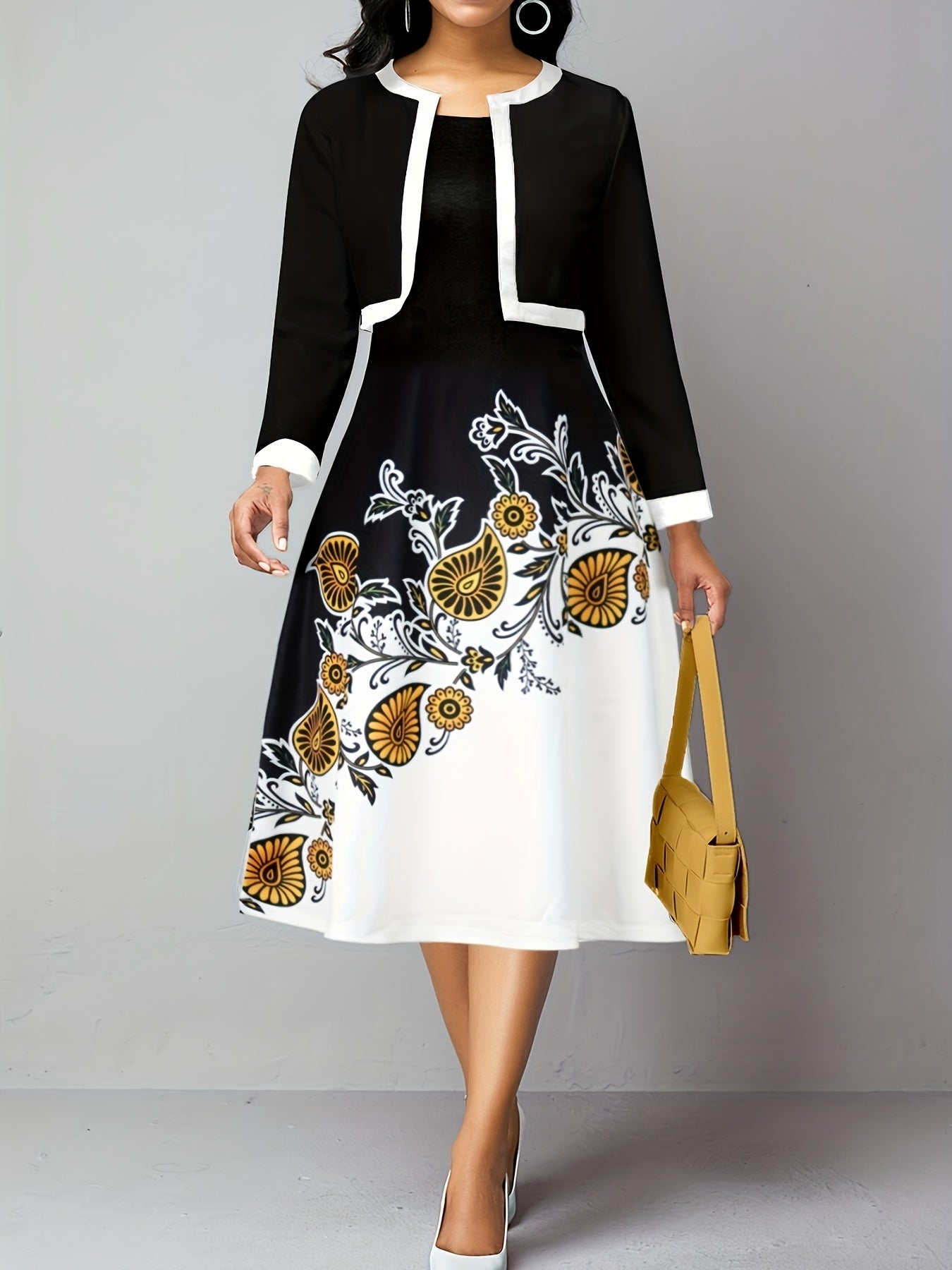 Paisley Print A-line Dress & Coat Outfit Set