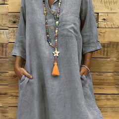 Casual Dress Women Plain Three Quarter Sleeve Button Up Dress