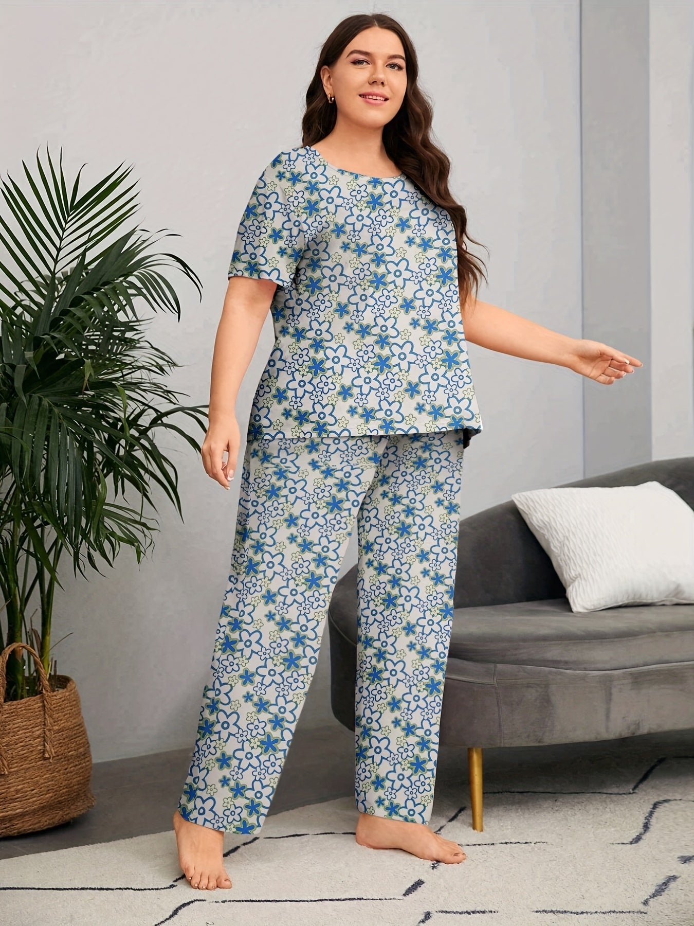 Women's Plus Floral Print Pajama Set Short Sleeve Top & Pants Two Piece