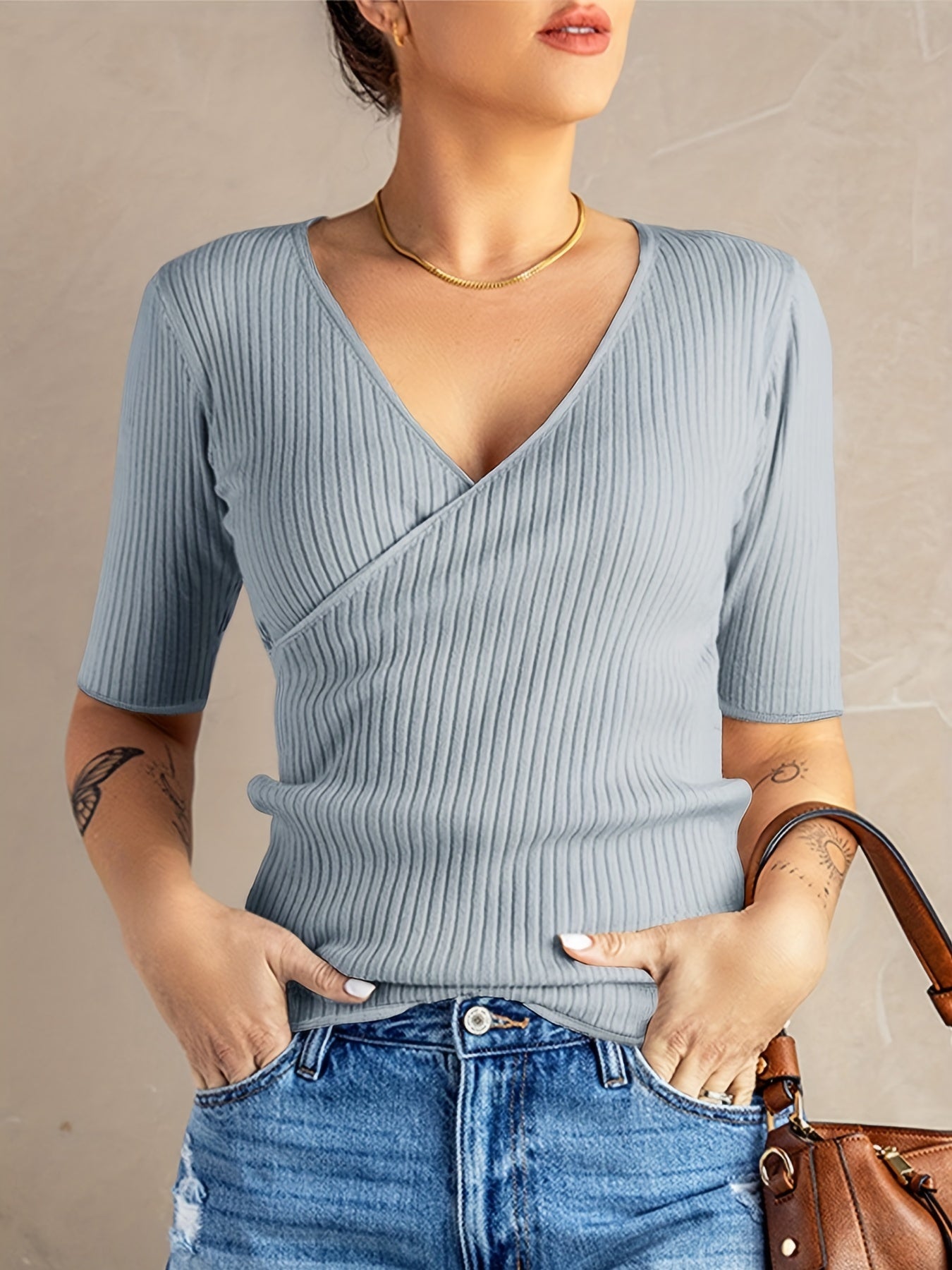 Surplice Neck Ribbed Knit Short Sleeve Sweater