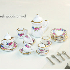 15pcs Dollhouse Food Playset with Ceramic Tea Set and Teacups