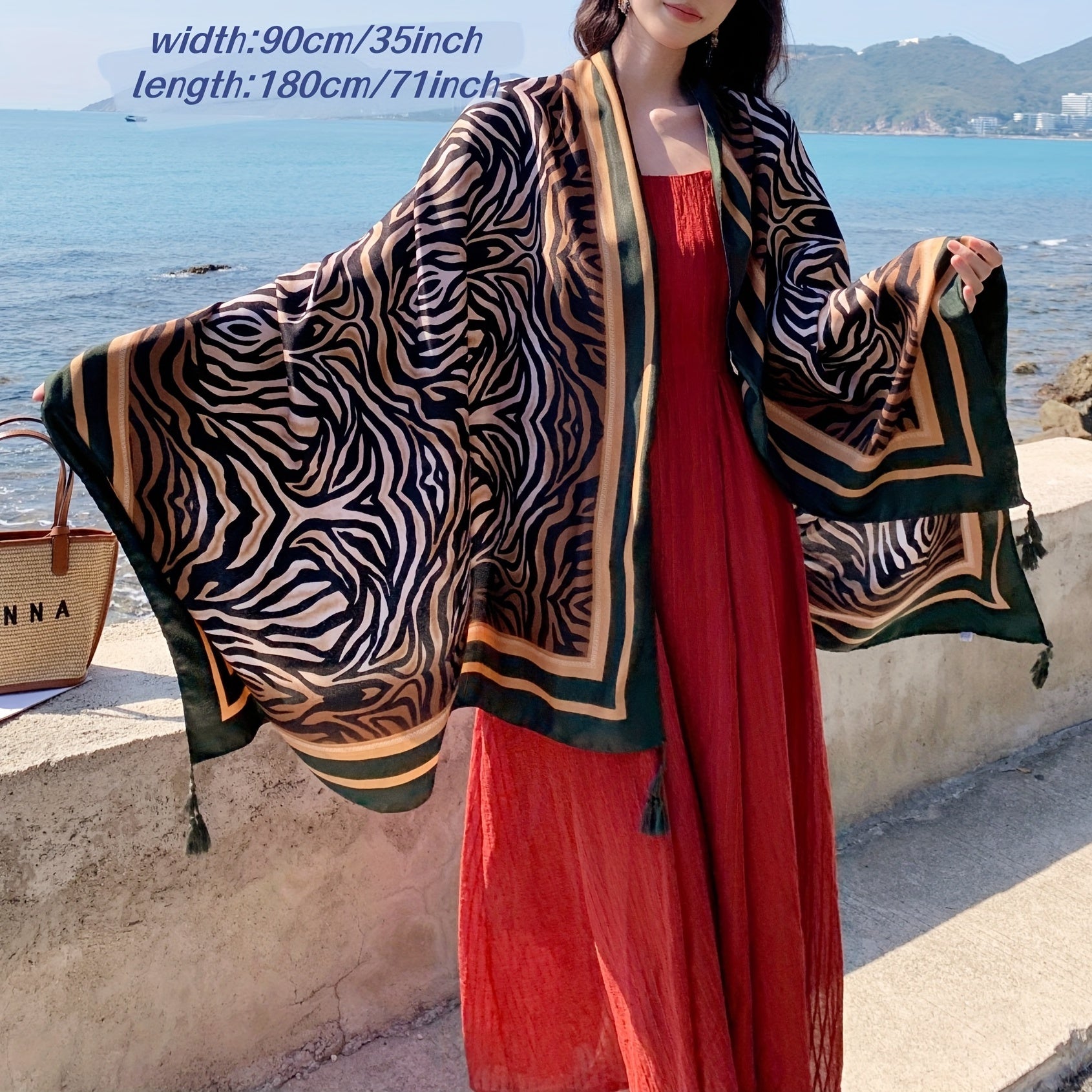 Vintage Stripe Pattern Print Scarf Breathable Sunscreen Tassel Square Shawl